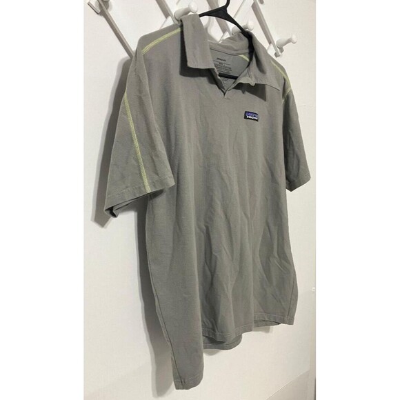 Patagonia Men's Polo Large Gray Shirt Organic Cotton Yellow Stitch Trim V Neck - Picture 2 of 9